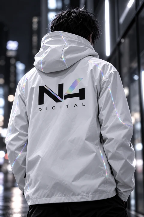 Biała kurtka ze znakiem N4 DIGITAL na plecach, nocna ulica