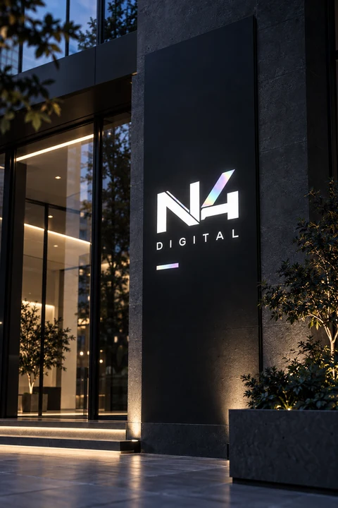 Podświetlany szyld N4 DIGITAL przy wejściu do budynku nocą